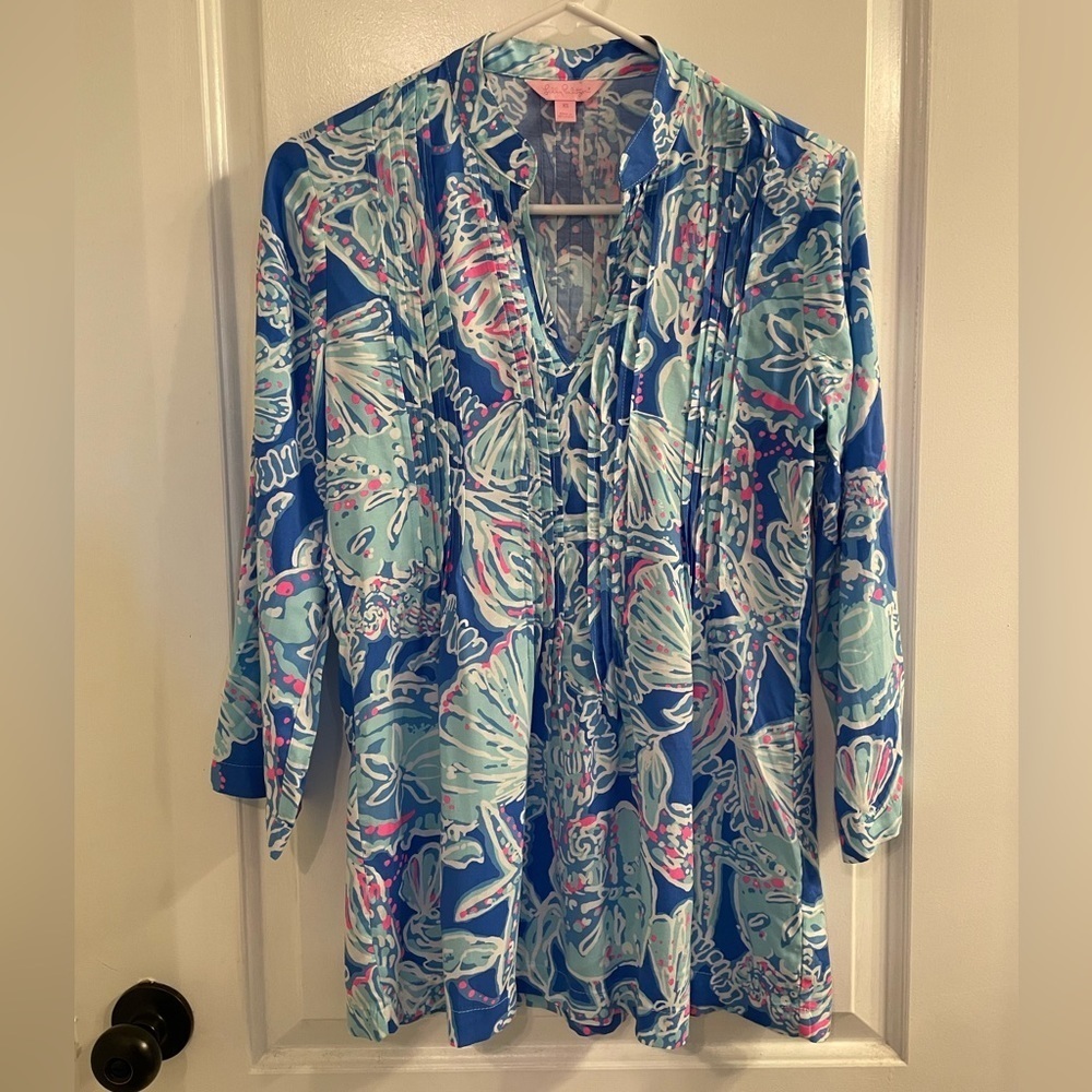 Lilly Pulitzer Sarasota Tunic Blouse Bay Blue Into the Deep XS